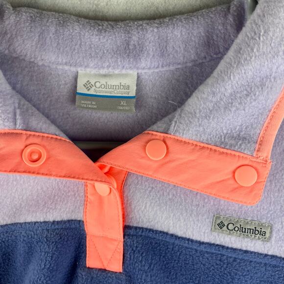 Columbia Girls XL Color Block Pullover Purple Coral 1/4 Button Snap Fleece Warm - Picture 3 of 6